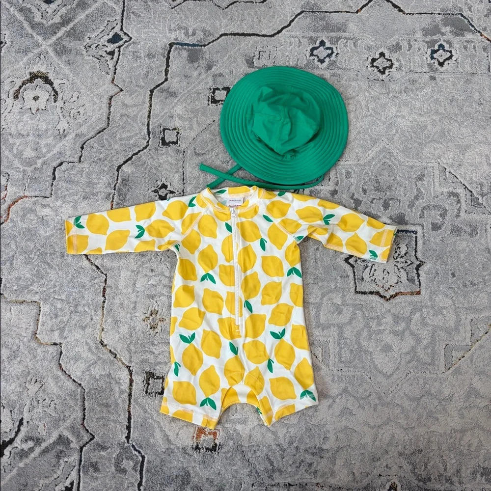 Hanna Andersson lemon swimsuit + hat set, 3-6 mo